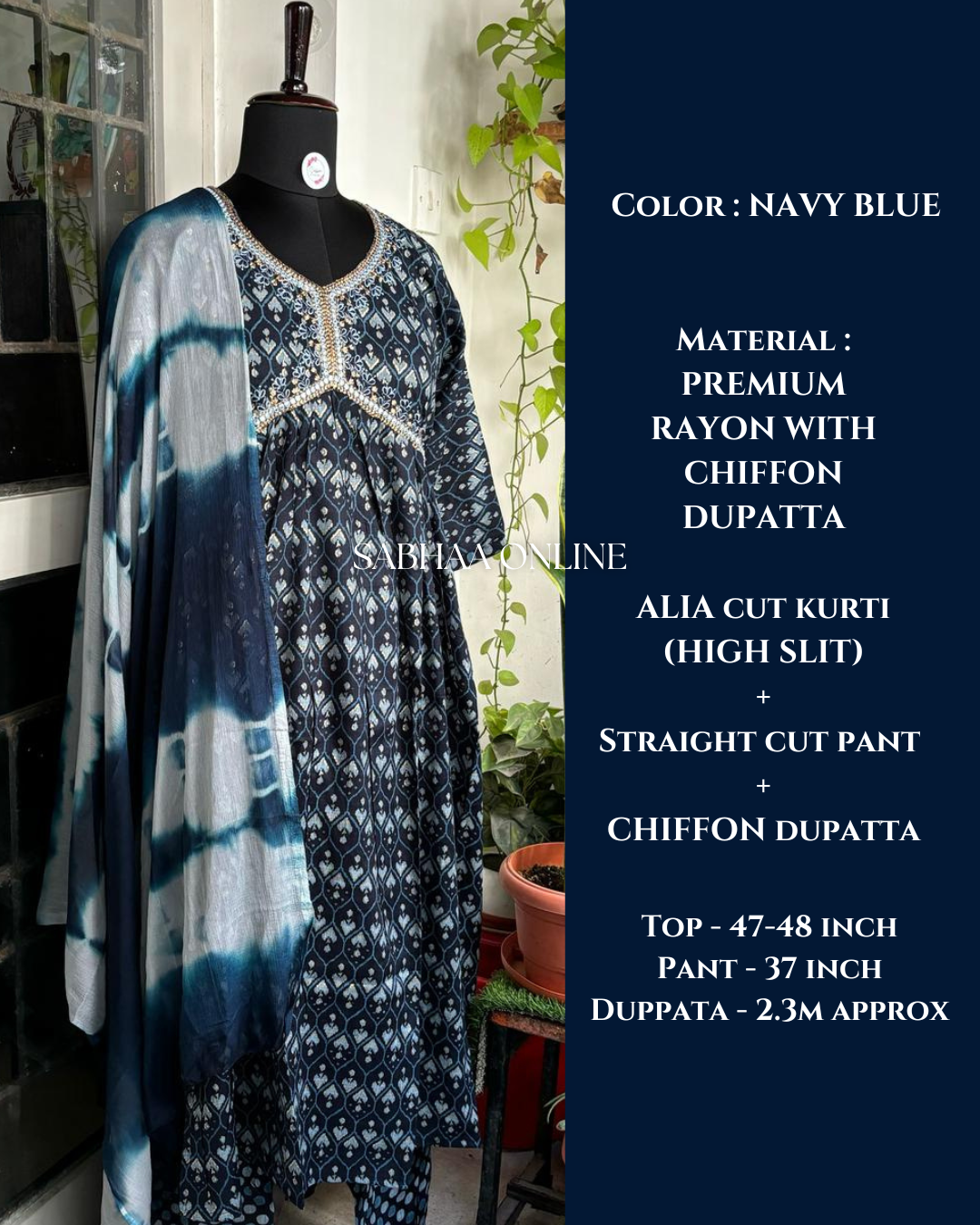 Navy Blue Alia cut kurti 3pc set