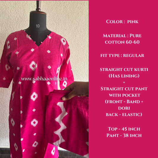 Pinky - Bright Pink Cotton kurti pant set with lining - LN 38