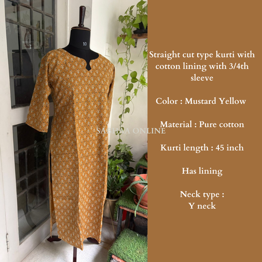 Mala - Yellow Cotton kurti with lining