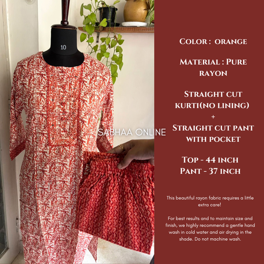 Orange - Rayon Kurti Pant set