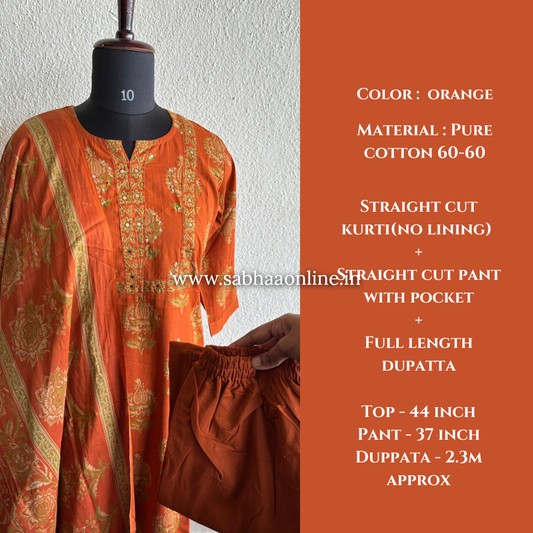 Divya - Orange Cotton kurti 3pc set - LN25