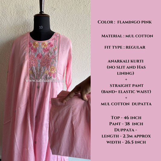 Anagha - Flamingo Pink Mul Cotton Anarkali kurti 3pc set with lining - LN 30