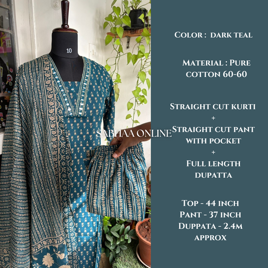 Aradhana - Dark teal and beige Cotton kurti 3pc set