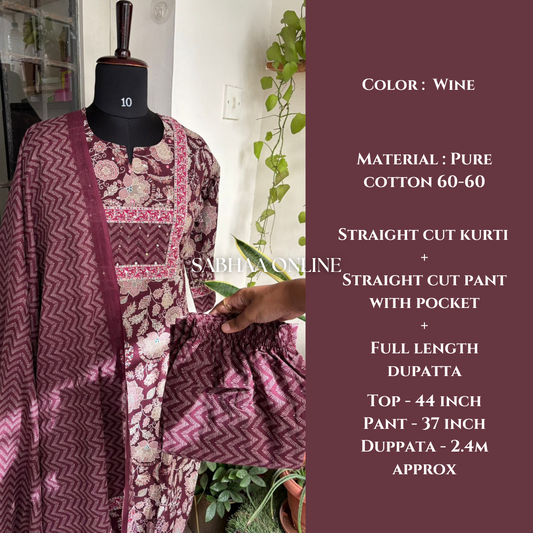 Chaaya - Wine Cotton Kurti 3pc set