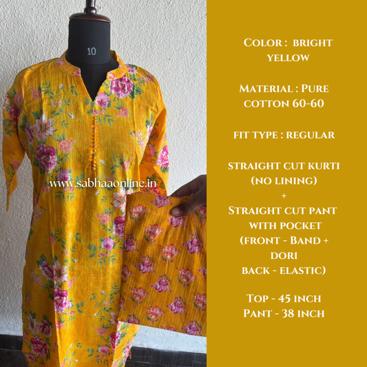 Jiya - Yellow Kantha Cotton coord set without lining - LN 48