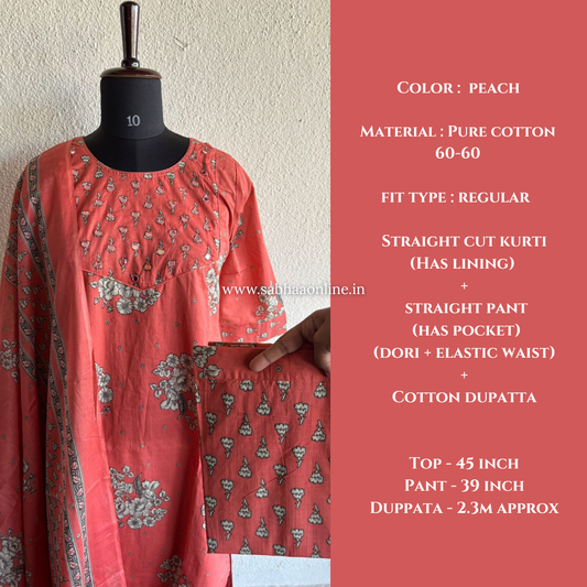 Shifa - Peach Cotton kurti 3pc set with lining - LN 32