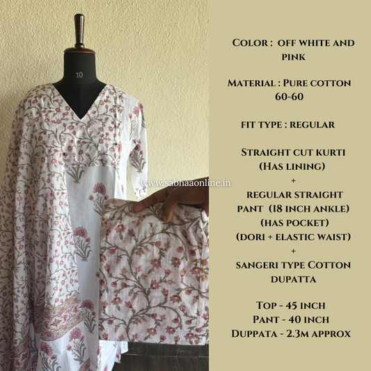 Alia - Off White Sanganeri Cotton kurti 3pc set with lining - LN 32