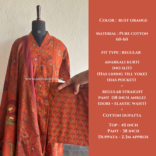 Aarathy - Rust Orange Cotton Anarkali kurti 3pc set with lining - LN 33