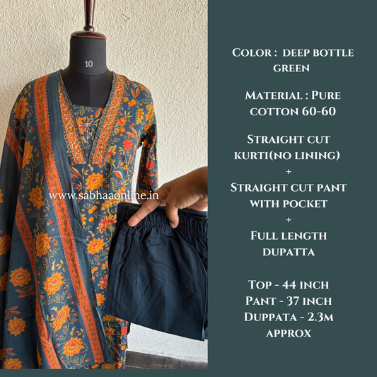 Parvati - Deep Bottle Green and Orange Cotton kurti 3pc set - LN 28