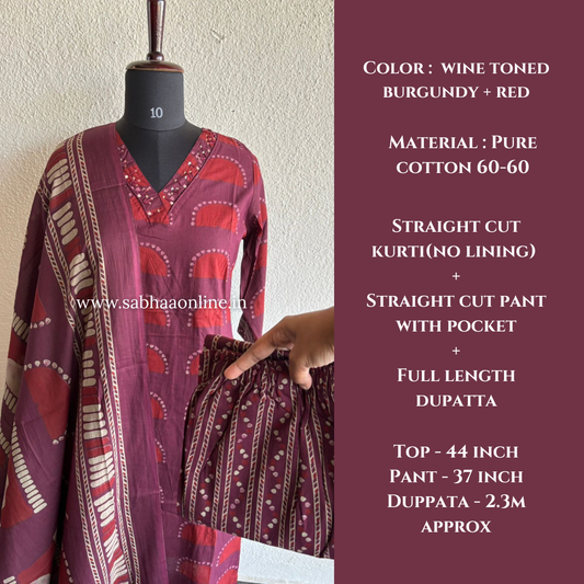 Varsha - Wine toned Burgundy and Red Cotton kurti 3pc set - LN 28
