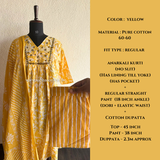 Naina - Yellow Mirror worked Cotton Anarkali kurti 3pc set with lining - LN 33