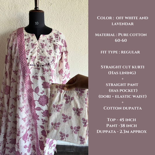 Jasmine - Off white and lavendar Cotton kurti 3pc set with lining - LN 33