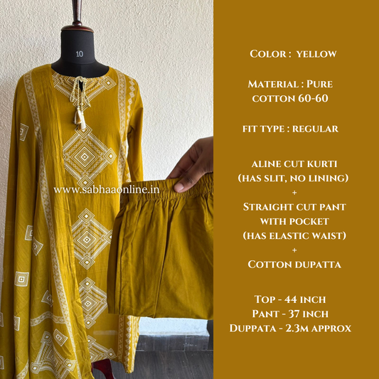 Sanskriti - Yellow Aline Cotton Kurti 3pc set - LN 34