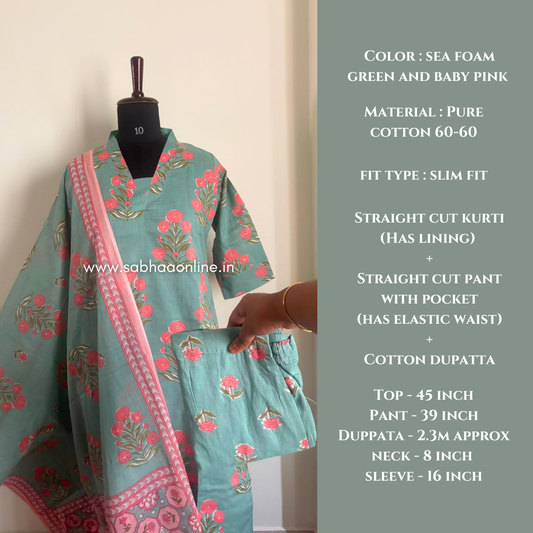 Anaira - Seafoam Green and baby pink Cotton kurti 3pc set with lining - LN 61