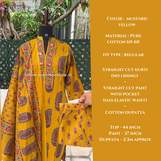 Amra - Mustard yellow and Pink Paisley Cotton kurti 3pc set (no lining) - LN 62