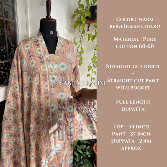 Binita - Warm beige Cotton Kurti 3pc set