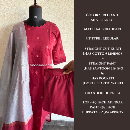 Chandra - Red and Silver grey Chanderi Kurti 3pc set with lining - LN 36