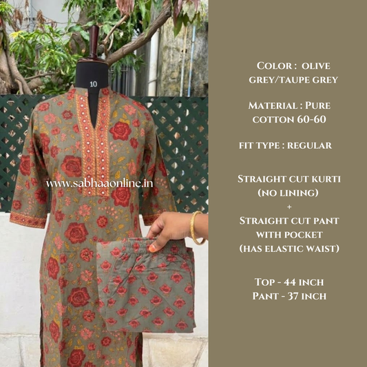 Haya - Olive grey/Taupe Grey and firey orange Cotton kurti and pant set (no lining)