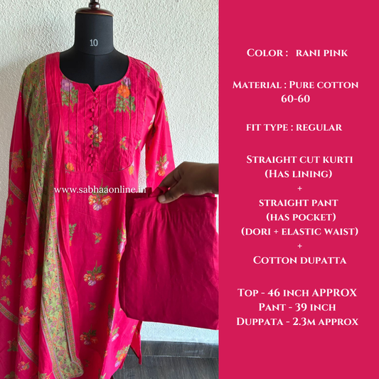 Shazia - Rani Pink Cotton kurti 3pc set with lining - LN 37