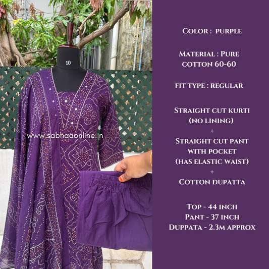Subuti - Purple Bandani Cotton kurti 3pc set (no lining) - LN 62