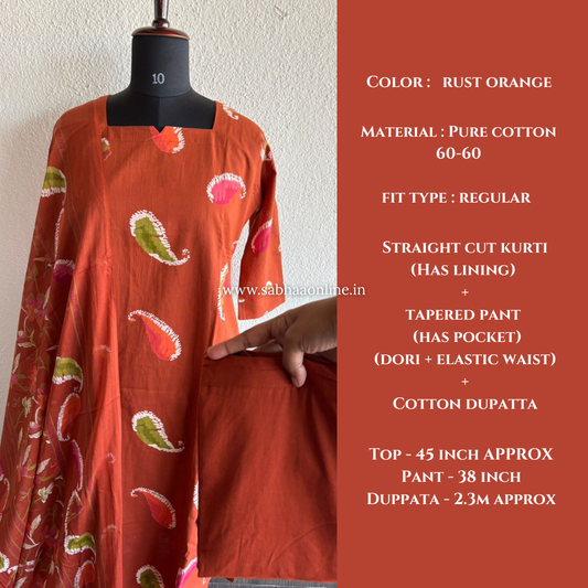 Purvi - Rust Orange Cotton kurti 3pc set with lining - LN 37