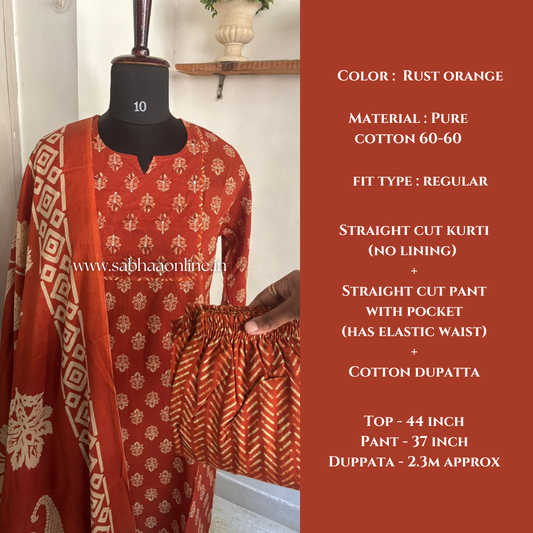 Akshita - Rust Orange Cotton Kurti 3pc set - LN 23