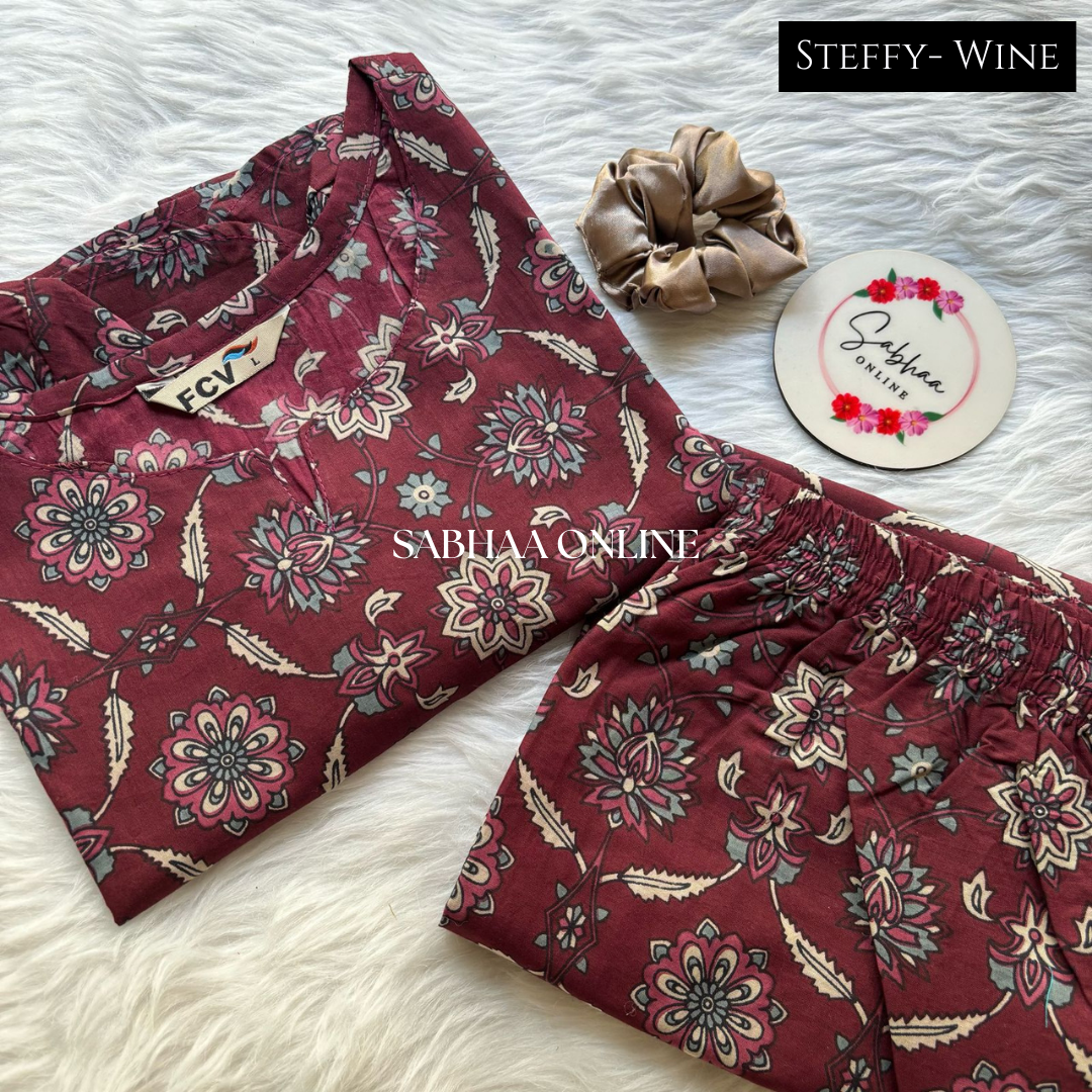 Steffy - Wine Cotton Lounge Coord set