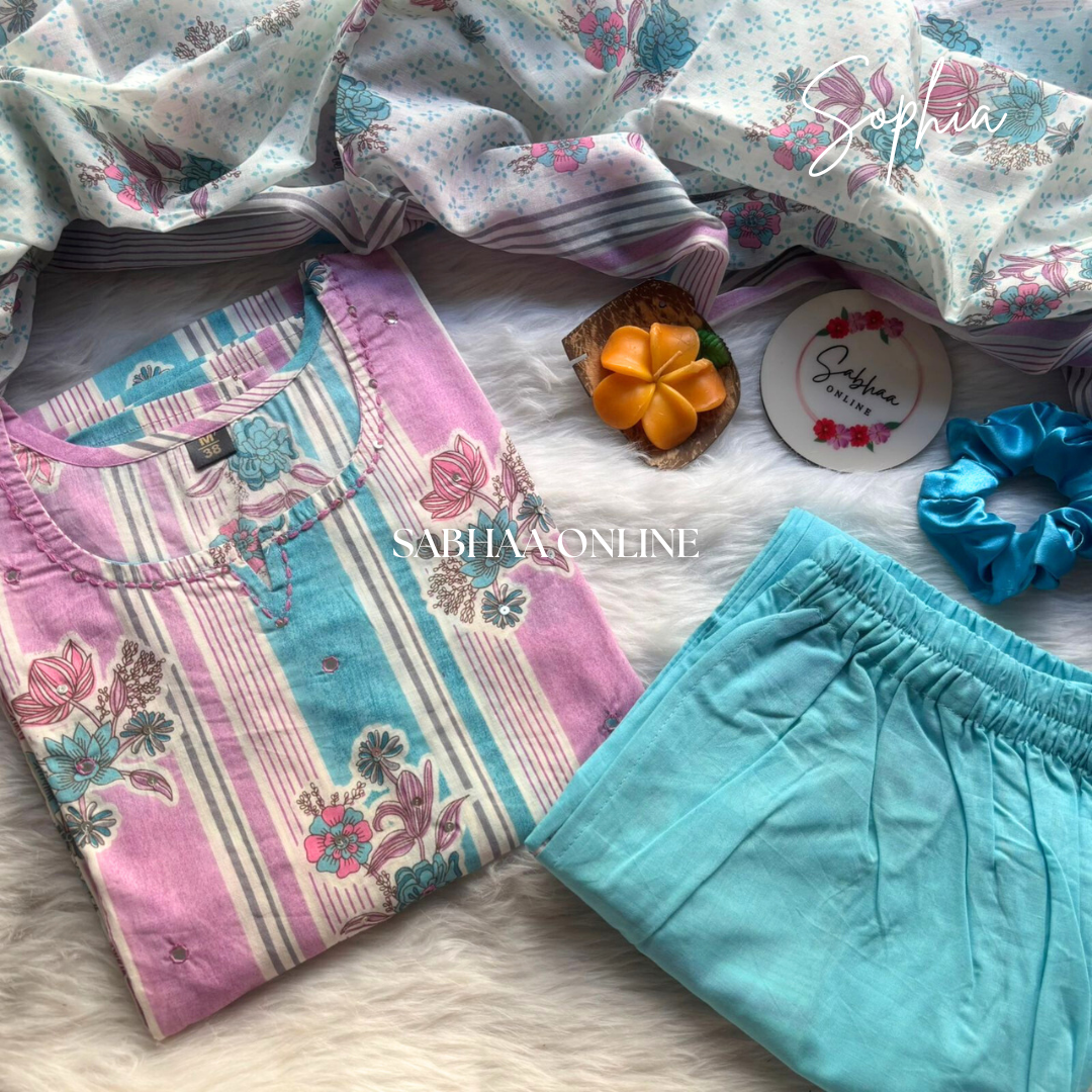 Sophia - Blue and Pink Cotton kurti 3pc set