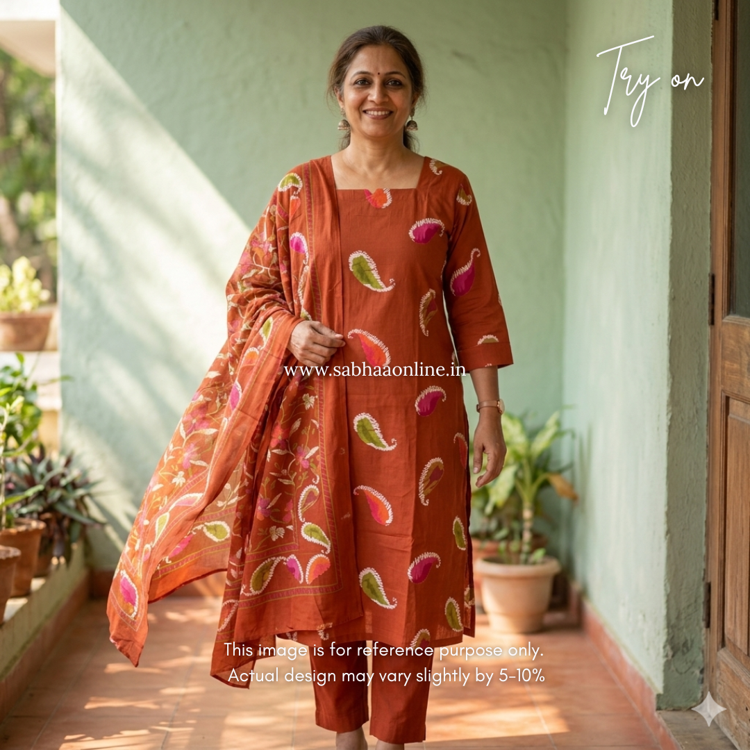 Purvi - Rust Orange Cotton kurti 3pc set with lining - LN 37