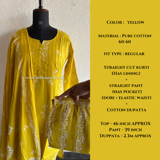 Sadhana - Yellow Cotton kurti 3pc set with lining