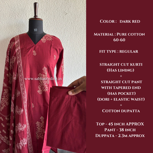 Alka - Deep red Cotton kurti 3pc set with lining - LN 37