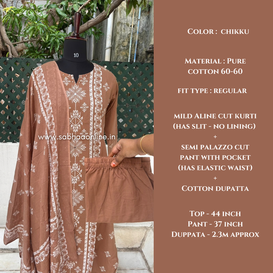 Srusti - Chikku Aline Cotton kurti 3pc set without lining - LN 63
