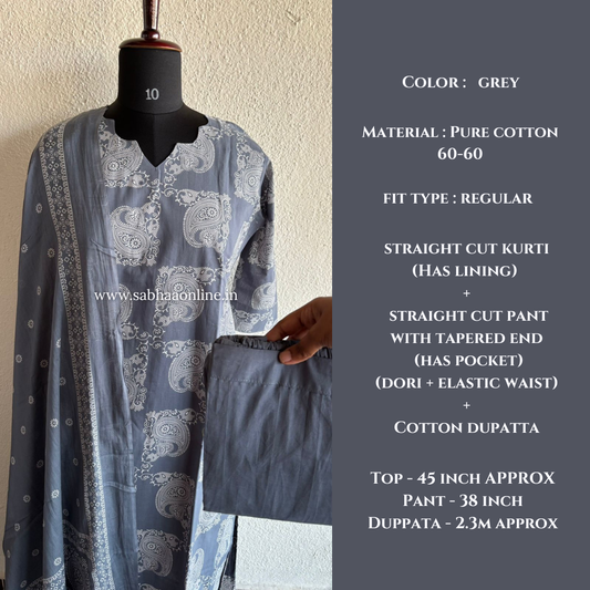 Amelia - Grey Cotton kurti 3pc set with lining - LN 37