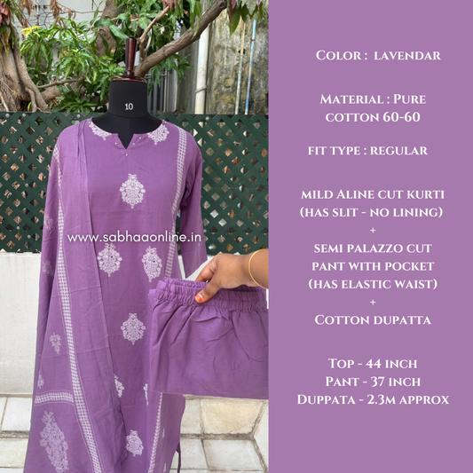 Emily - Lavendar Aline Cotton kurti 3pc set without lining - LN 63