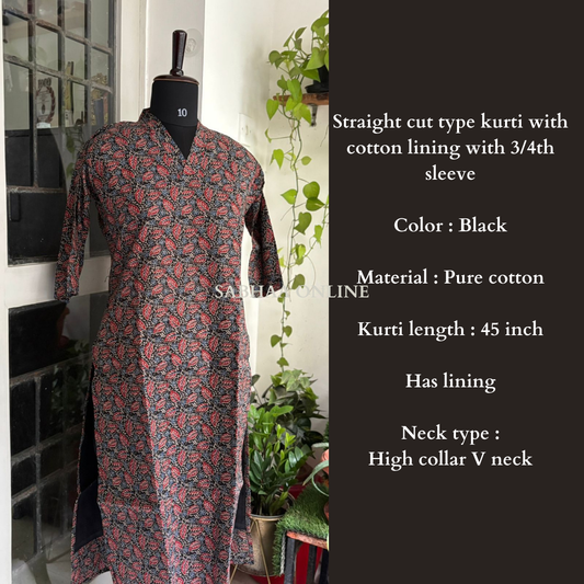 Noor - Black Cotton kurti with lining