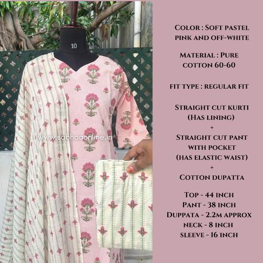 Celine - Pink checkered floral Cotton kurti 3pc set with lining - LN 70