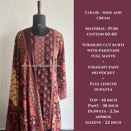 Sanchi - Wine Pakistani Full sleeve cotton kurti 3pc set - LN 41