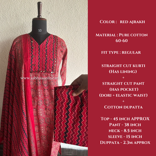 Nidhi - Red Ajrakh Cotton kurti 3pc set with lining - LN 40