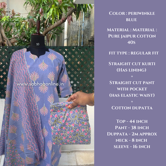 Anshu - Periwinkle Blue Cotton Kurti 3pc set with lining - LN 70