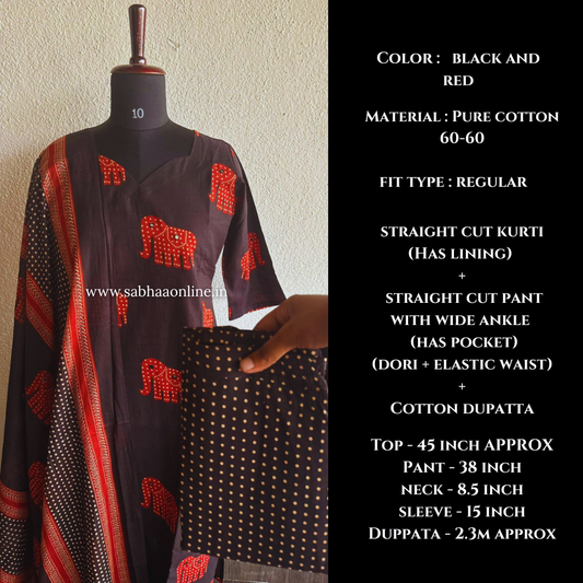 Haathi - Black Cotton kurti 3pc set with lining - LN 40