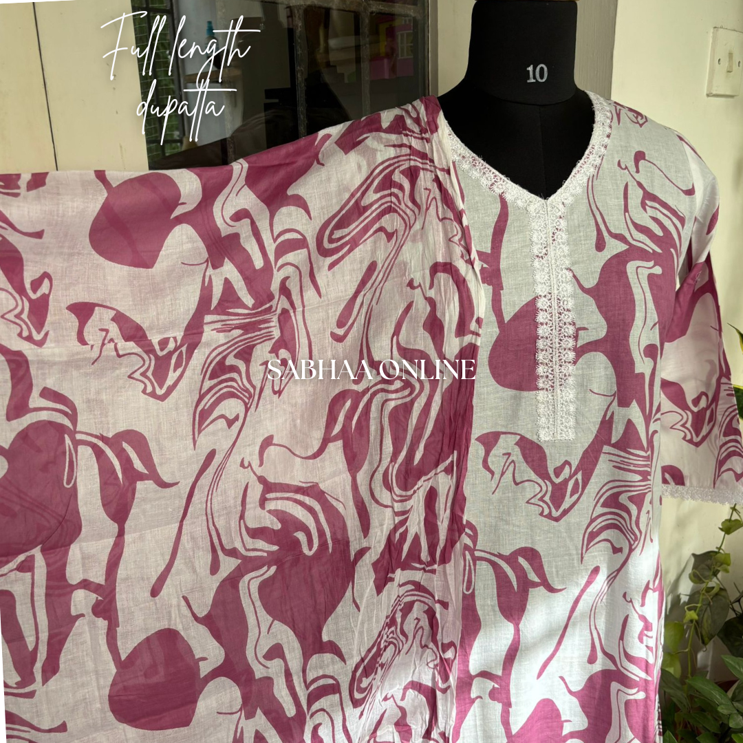 Misha - White and Pink Cotton Kurti 3pc set