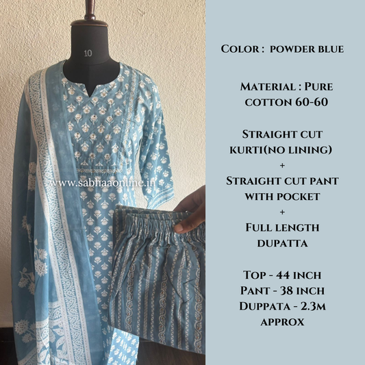 Carol - Powder Blue Cotton kurti 3 pc set - LN 50
