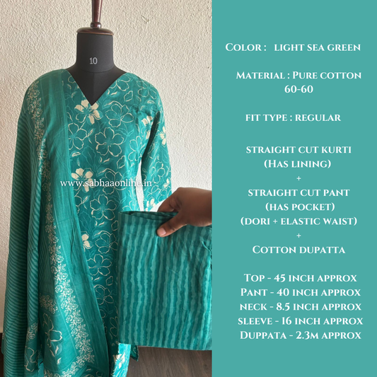 Mave - Light sea green floral cotton kurti 3pc set with lining - LN 44