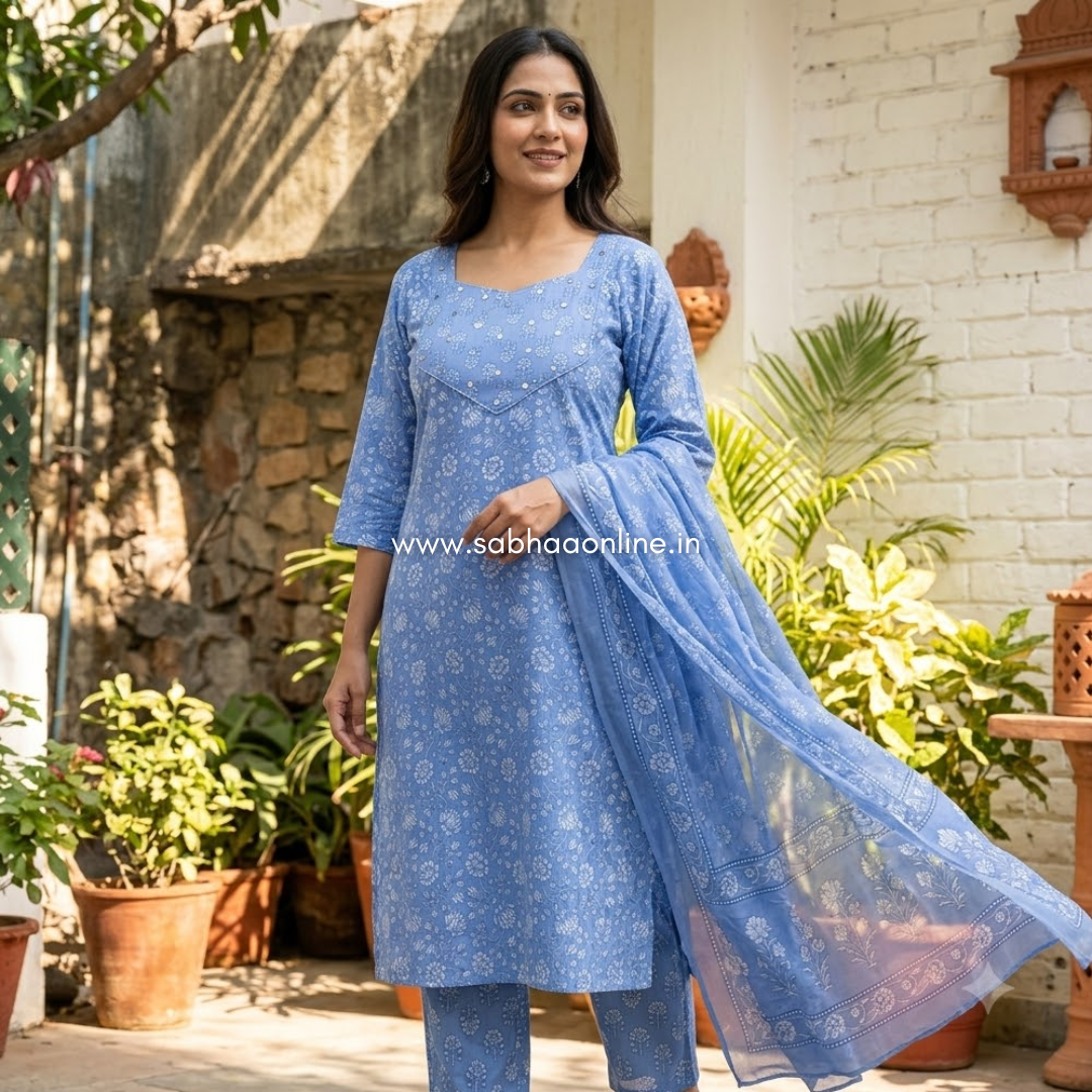 Neelam - Bright Powder Blue Cotton kurti 3pc set with lining - LN 72