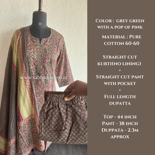 Ayat - Green Gray Cotton kurti 3pc set - LN 50