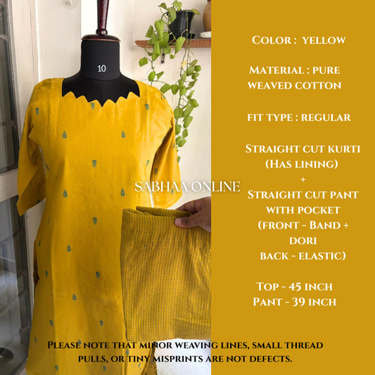 Prasanna - Yellow Weaved Cotton kurti pant set (with lining ) - LN10