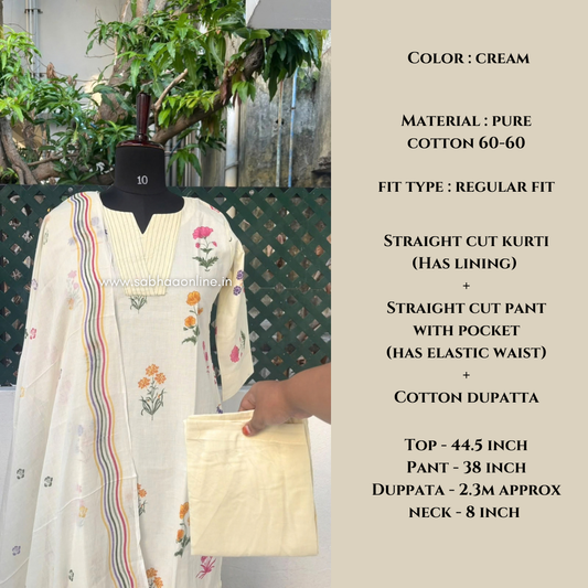 Malaai - Cream Cotton kurti 3pc set with lining - LN 74