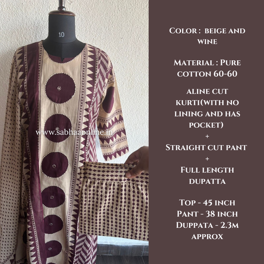 Chakra - Beige and Wine Aline Premium Cotton kurti 3pc set - LN 51