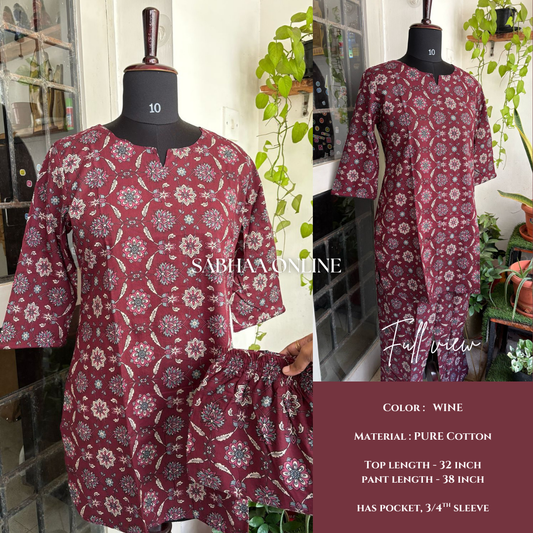 Steffy - Wine Cotton Lounge Coord set