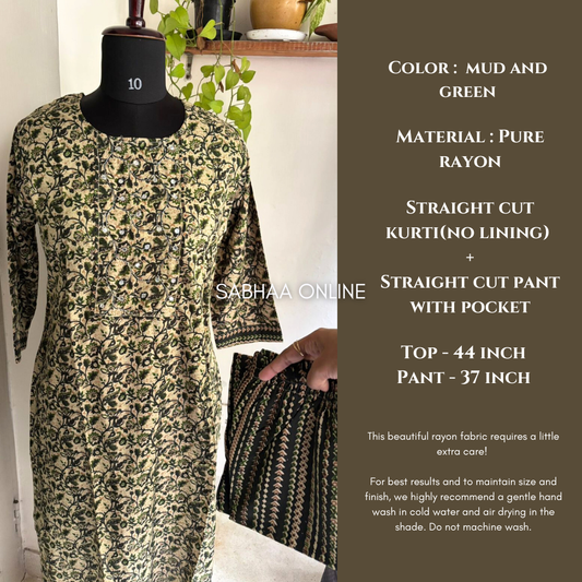 Green Rayon Kurti pant set